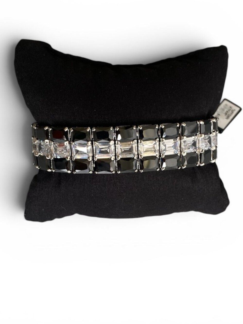 NWT Fifth Avenue Triple Row Black & Clear Crystal Tennis Bracelet 8" Silver Tone